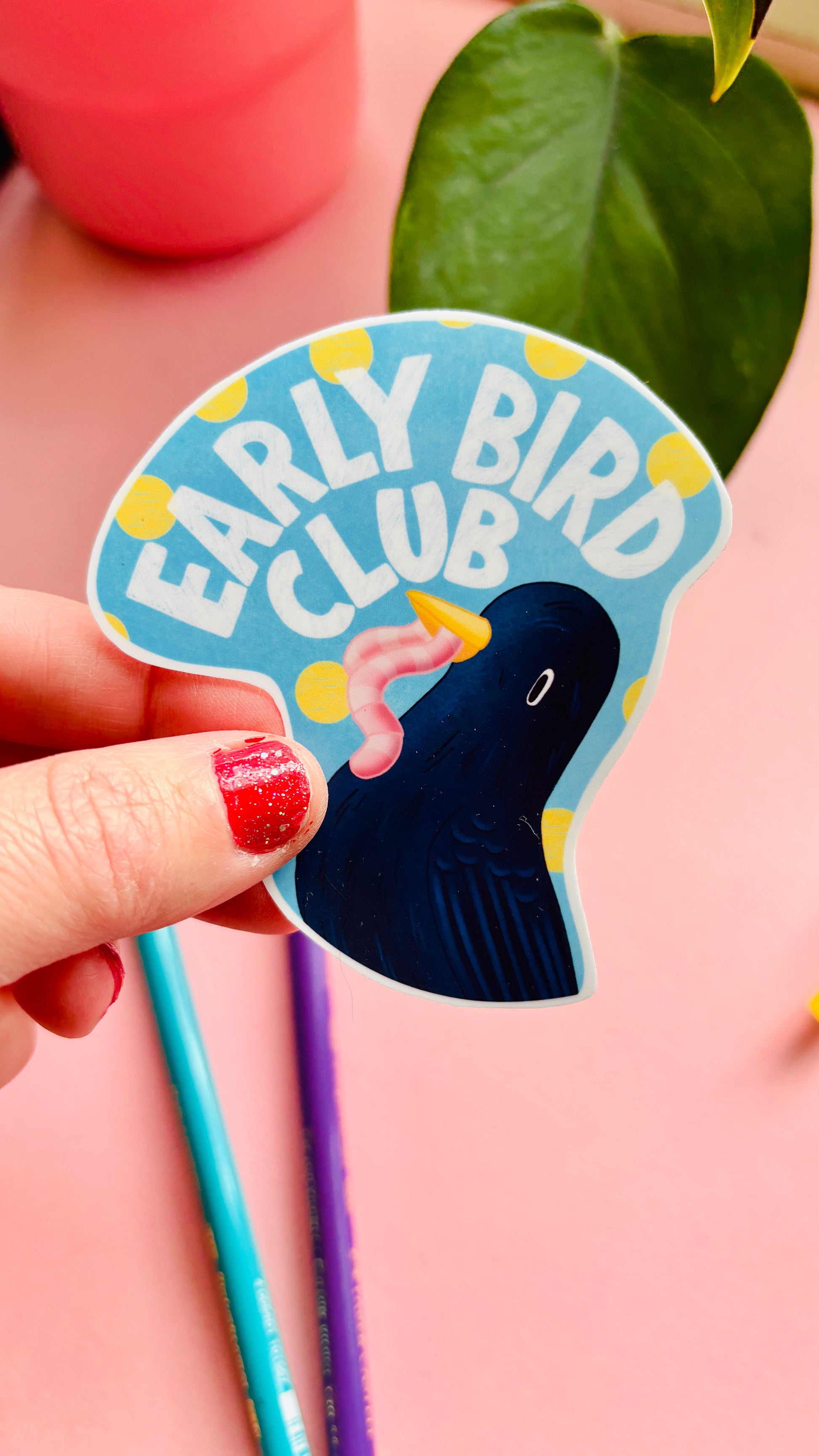 Early Bird Club vinyl sticker with hand-drawn blackbird and bold lettering, cute wildlife sticker for bird lovers