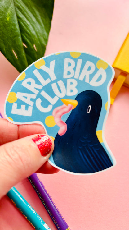 Early Bird Club vinyl sticker with hand-drawn blackbird and bold lettering, cute wildlife sticker for bird lovers