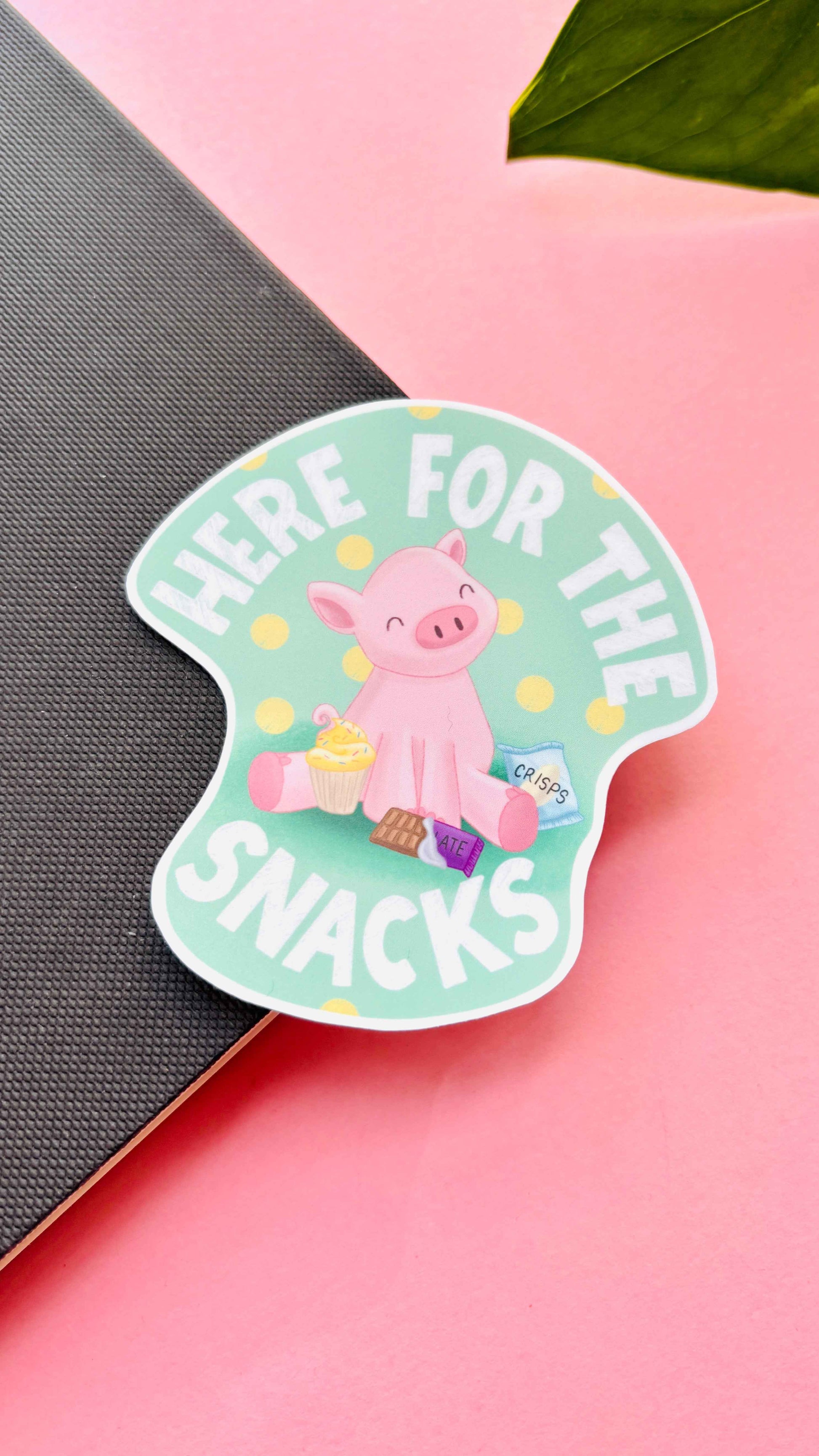 Funny snack-themed pig sticker, waterproof vinyl, hand-illustrated – ideal for planners, notebooks, and accessories.