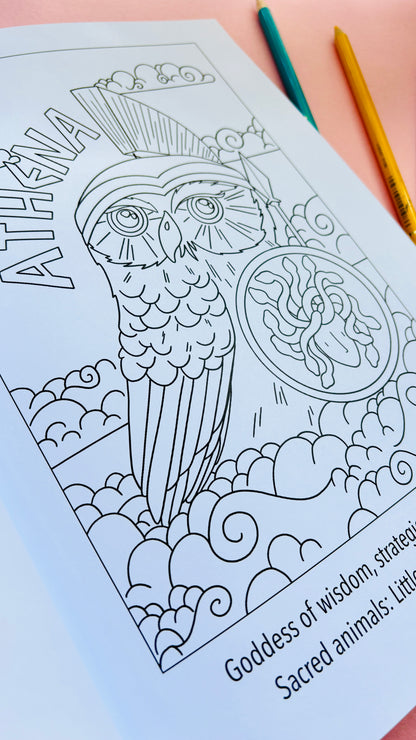 Animals of Olympus: A Greek Mythology Colouring Book for adults and kids with hand drawn colouring pages, single sided, heavy weight paper. This educational colouring book is great for home educators and homeschoolers. 