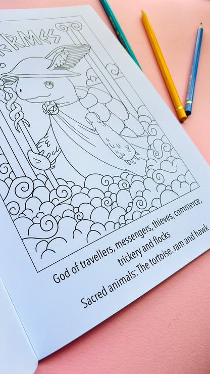 Animals of Olympus: A Greek Mythology Colouring Book for adults and kids with hand drawn colouring pages, single sided, heavy weight paper. This educational colouring book is great for home educators and homeschoolers. 