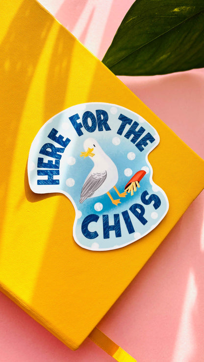 Funny Seagull Waterproof Sticker- Here for the chips