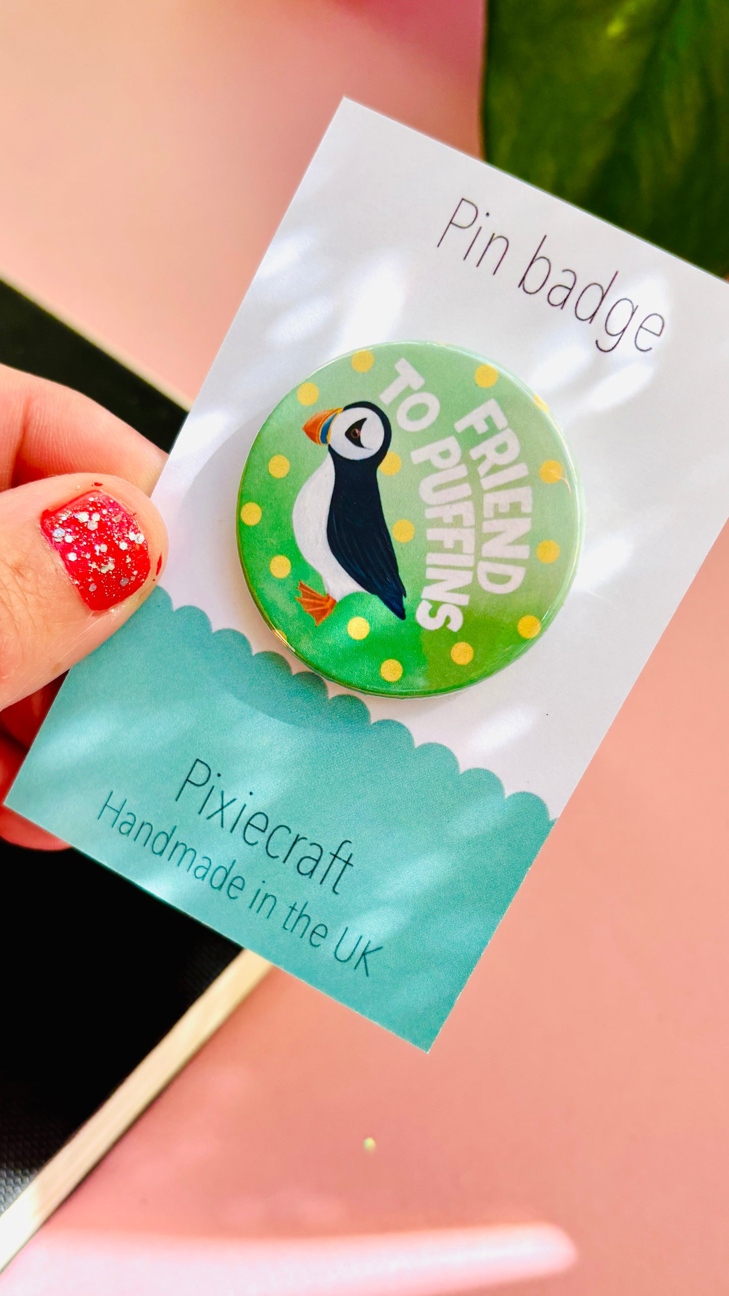 Hand-illustrated puffin badge or magnet, eco-friendly wildlife accessory, perfect for puffin lovers and birdwatchers.