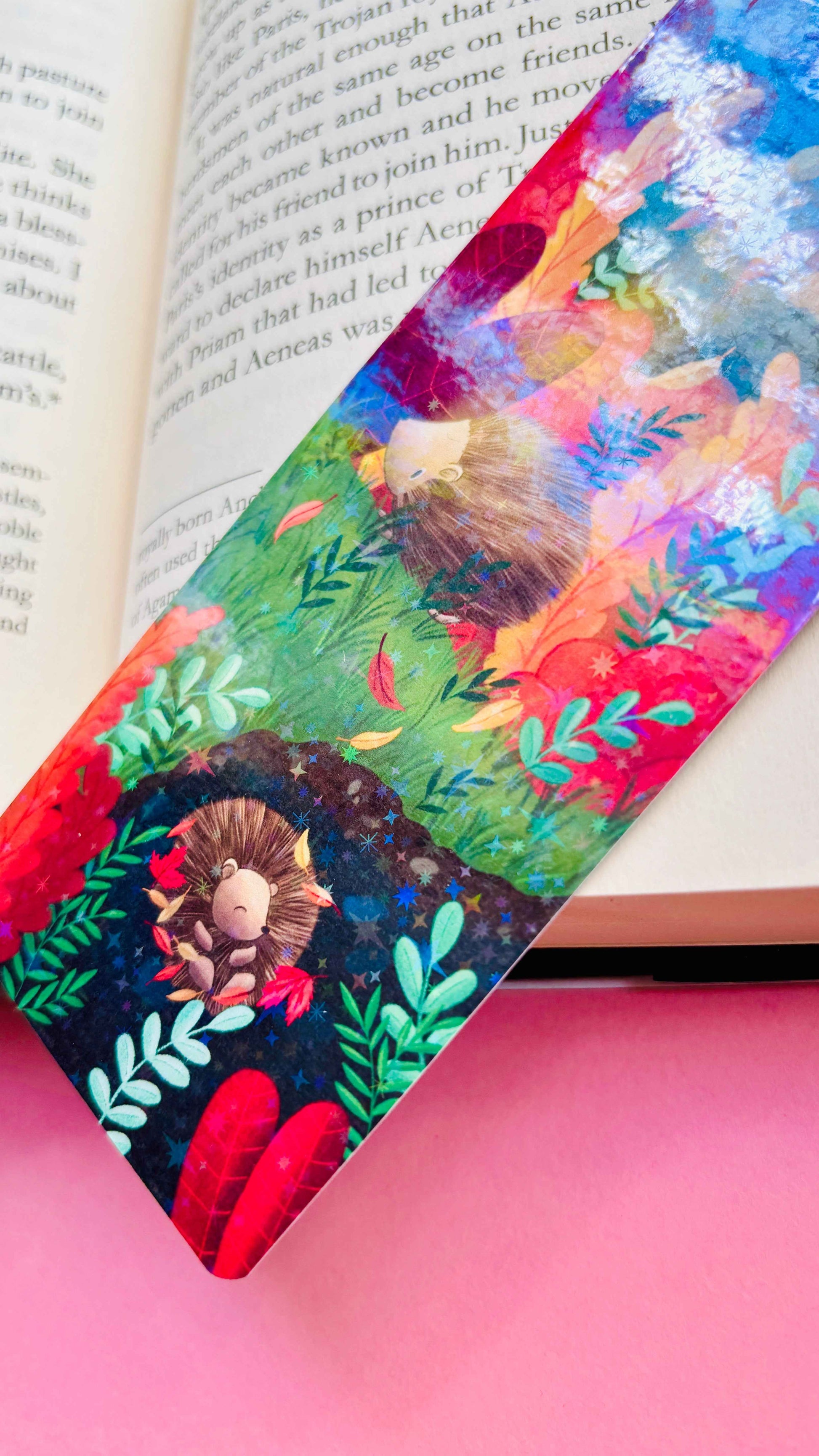 Rainbow shimmer Autumn Hedgehog bookmark, double-sided illustration, hand-illustrated and made in the UK.