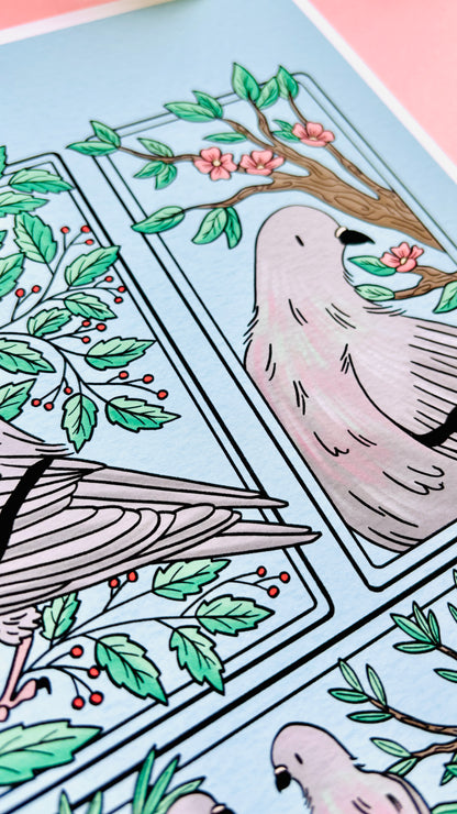Pigeon Love Illustrated Art Print- Nature Wall Art