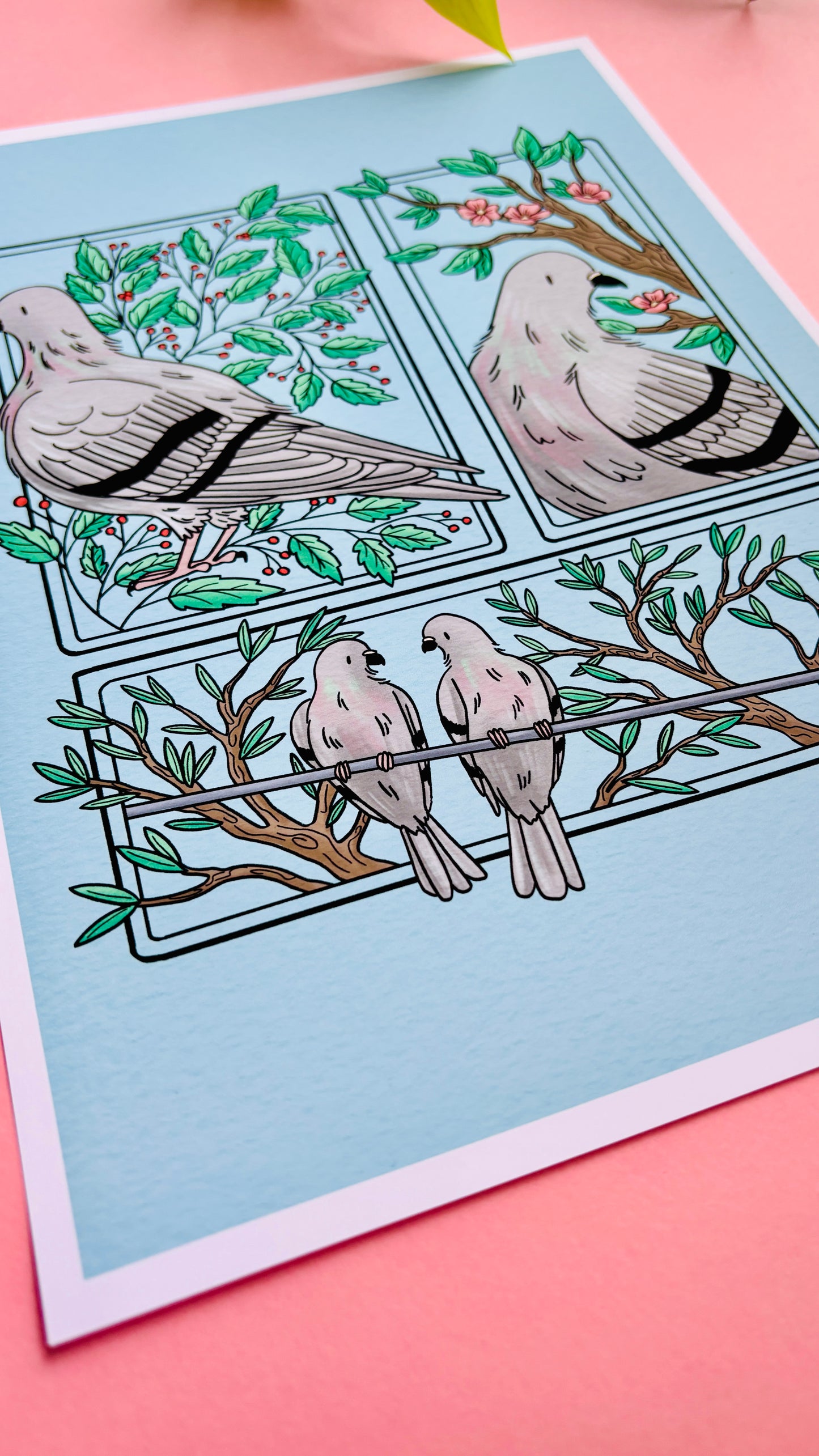 Pigeon Love Illustrated Art Print- Nature Wall Art