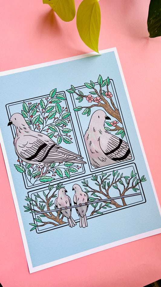 Pigeon Love Illustrated Art Print- Nature Wall Art