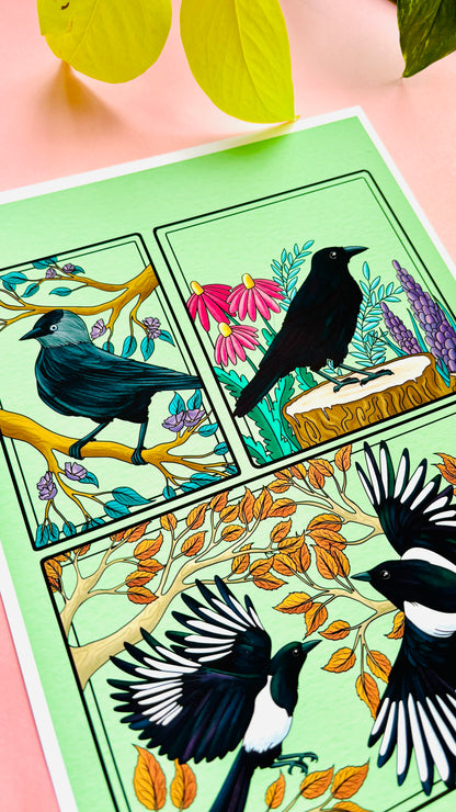 Corvid Illustrated Art Print- Nature Wall Art
