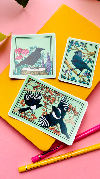 Magpie Illustrated Waterproof Sticker- Corvid Stationery
