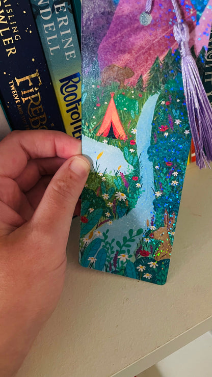 Wild camping illustrated  rainbow holographic bookmark