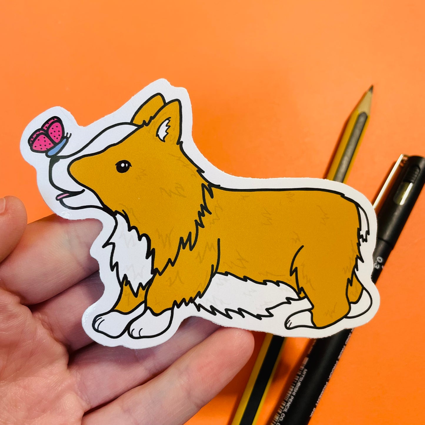 Corgi and Butterfly Illustrated Vinyl Sticker.