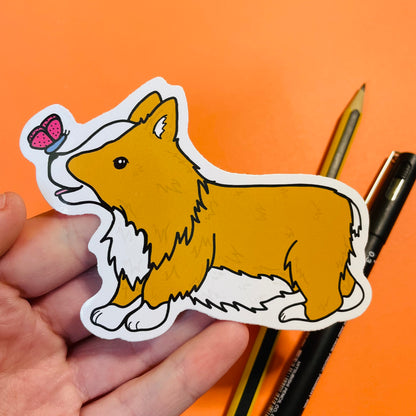 Corgi and Butterfly Illustrated Vinyl Sticker.