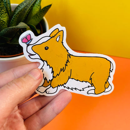 Corgi and Butterfly Illustrated Vinyl Sticker.