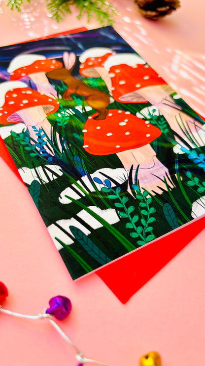 Enchanted Woodland Christmas Card – Whimsical Bunny and Toadstool Holiday Greeting