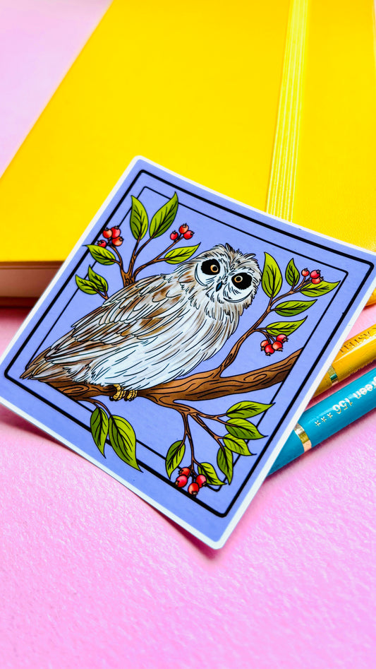 Short Eared Owl Illustrated Waterproof Sticker- Nature Stationery
