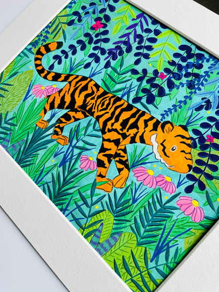 Colourful painting of a bright orange tiger between many plants and leaves