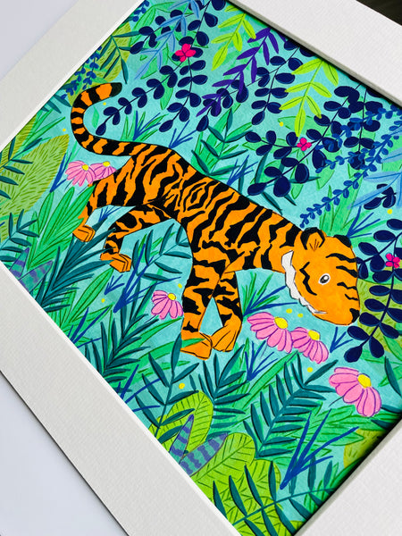 Colourful painting of a bright orange tiger between many plants and leaves