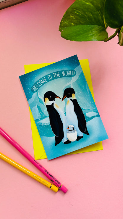 Penguin New Baby Card – “Welcome to the World” Handmade Card