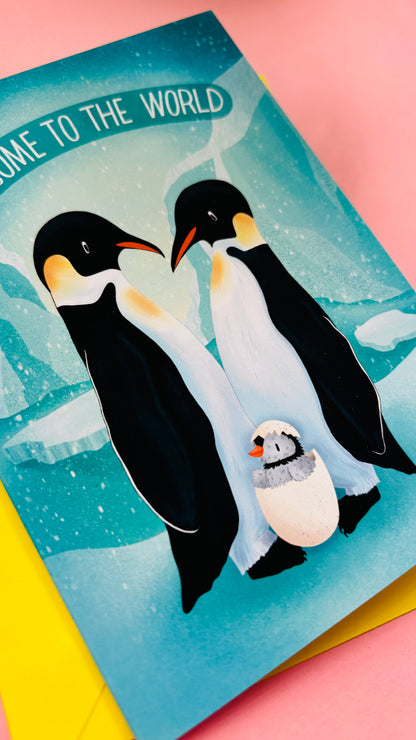 Penguin New Baby Card – “Welcome to the World” Handmade Card