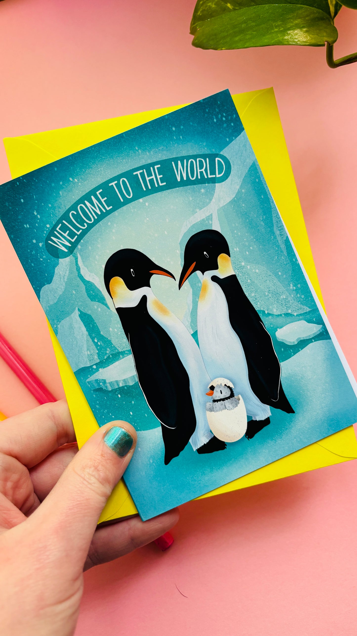 Penguin New Baby Card – “Welcome to the World” Handmade Card