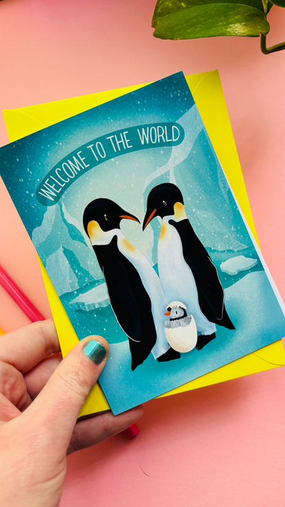 Penguin New Baby Card – “Welcome to the World” Handmade Card