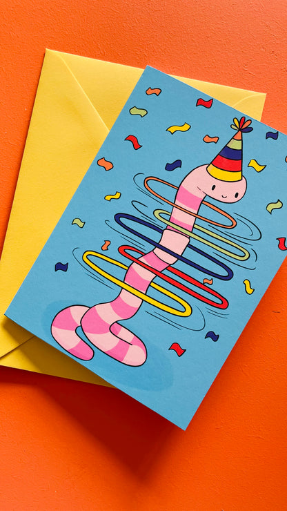 Pink Party Worm Birthday Greetings Card