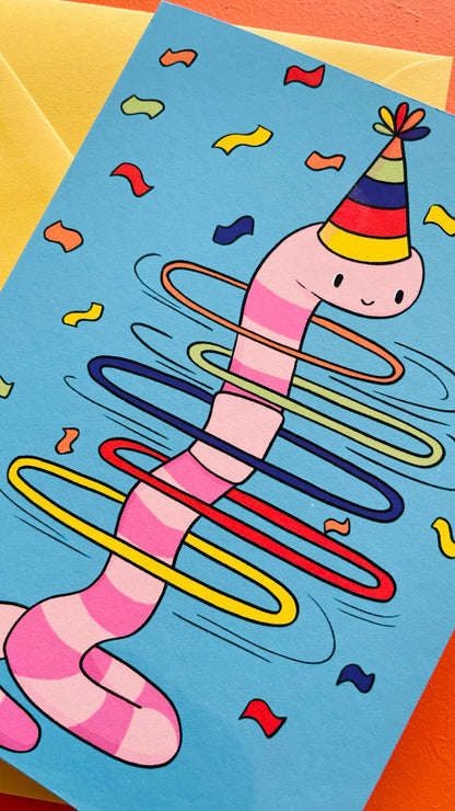 Pink Party Worm Birthday Greetings Card