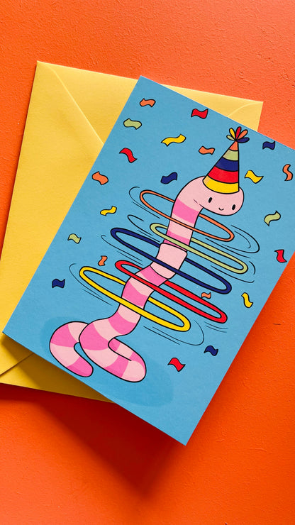 Pink Party Worm Birthday Greetings Card