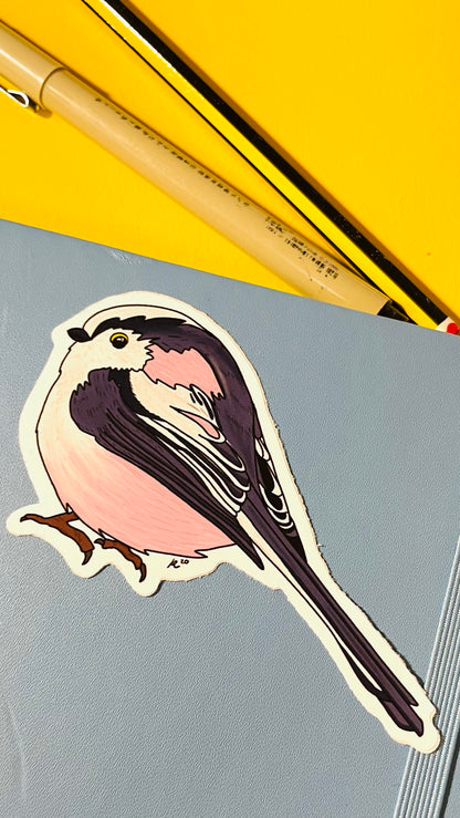 Long tailed tit illustrated vinyl sticker.