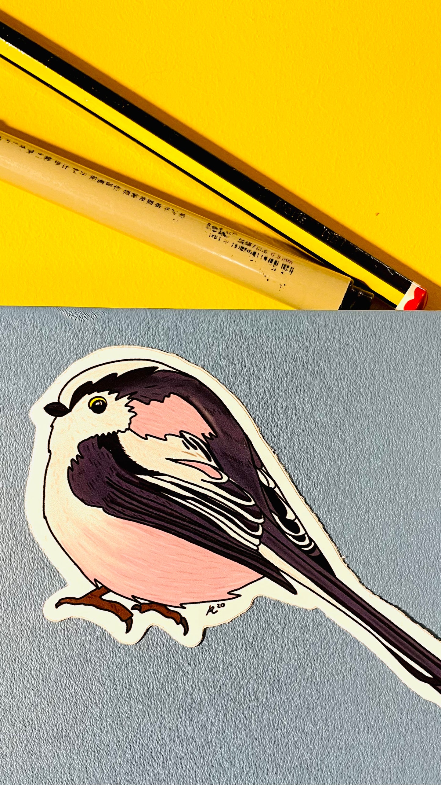 Long tailed tit illustrated vinyl sticker.