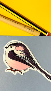 Long tailed tit illustrated vinyl sticker.