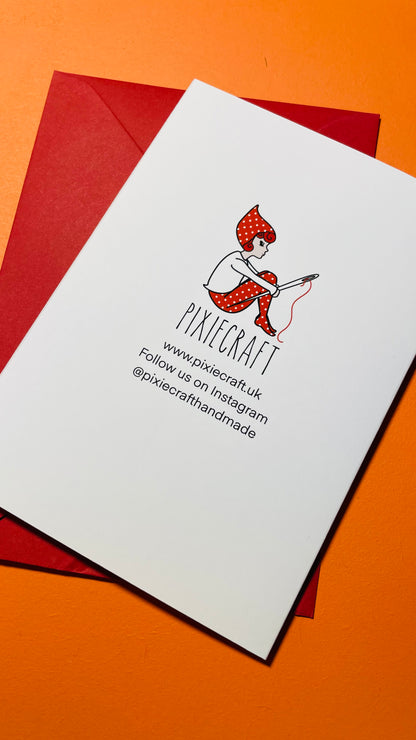 Reverse of illustrated greetings card with Pixiecraft logo