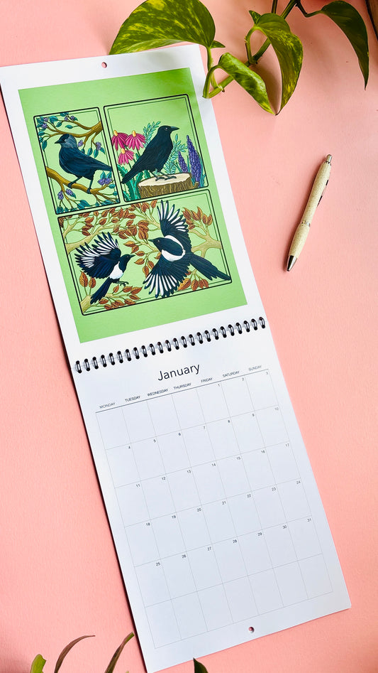     British Birds 2027 A4 illustrated calendar with colourful hand-drawn British bird artwork