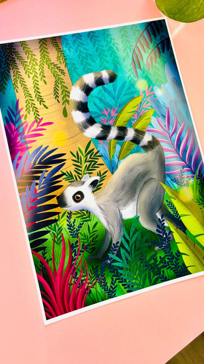 Ring-Tailed Lemur Art Print – Whimsical Jungle Wall Art