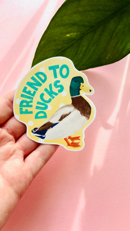 Show your love for ducks with this Friend to Ducks vinyl sticker. Durable, waterproof and perfect for gifts, notebooks and water bottles.
