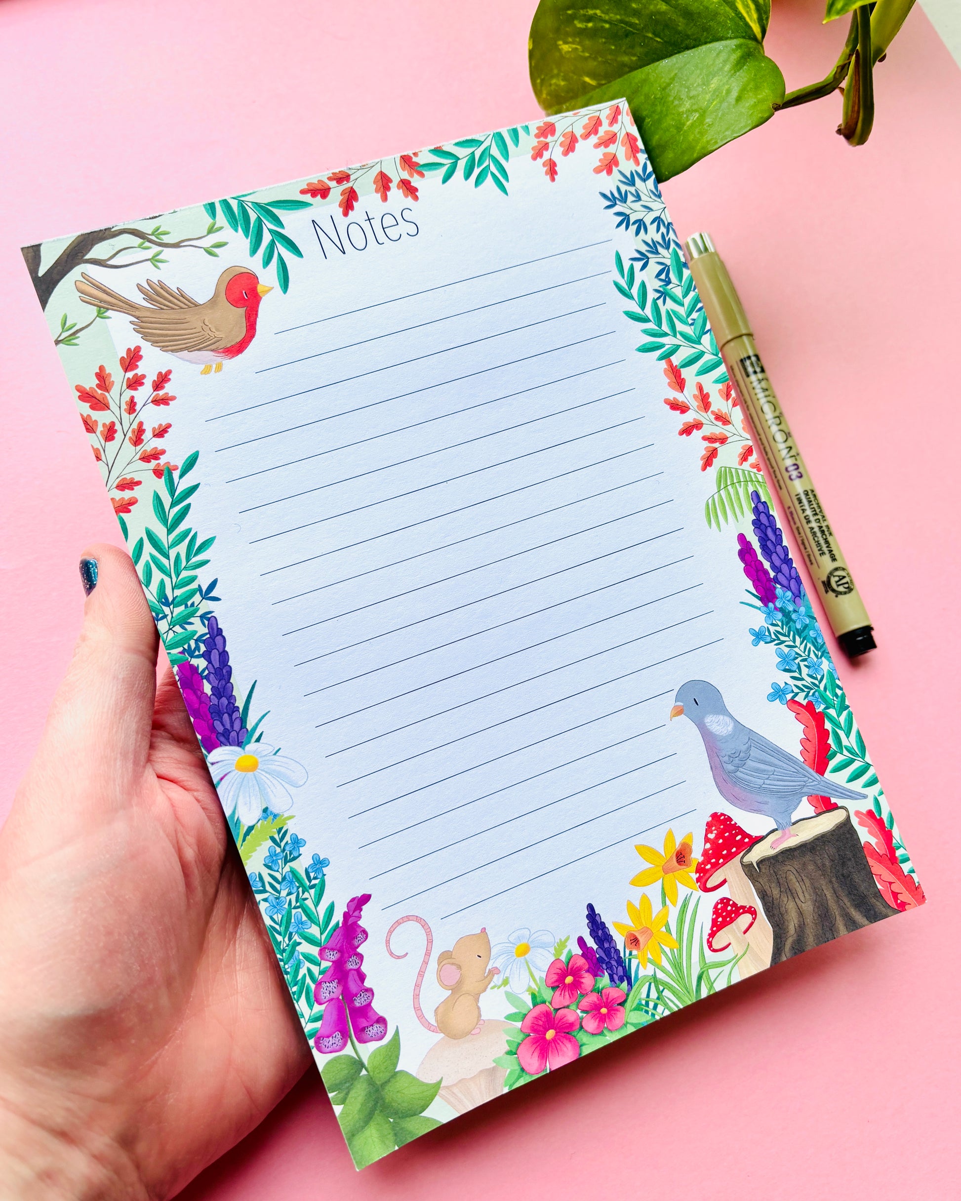 Nature themed A5 lined notepad with illustrated pigeon and robin, colourful indie stationery