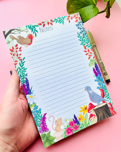 Nature themed A5 lined notepad with illustrated pigeon and robin, colourful indie stationery