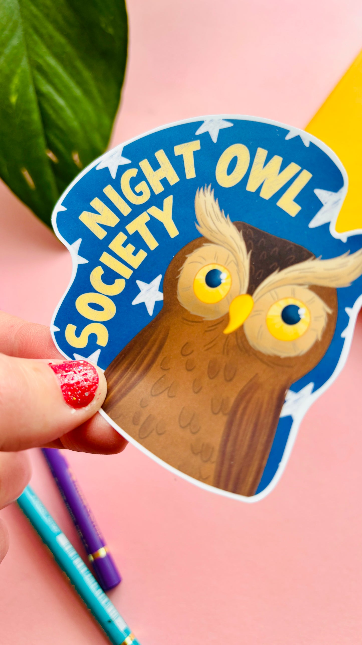 Night Owl Society sticker, perfect owl lover gift, durable hand-drawn vinyl sticker