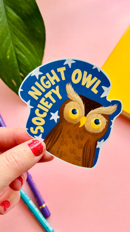 Night Owl Society vinyl sticker with hand-drawn owl and bold lettering, cute nocturnal wildlife sticker