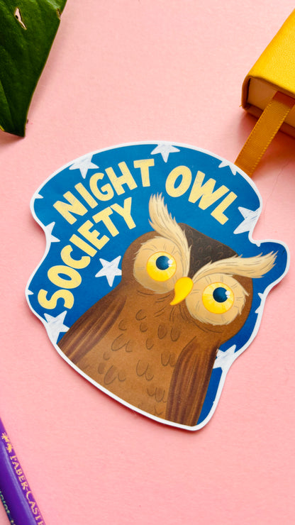 Night Owl Society vinyl sticker with hand-drawn owl and bold lettering, cute nocturnal wildlife sticker