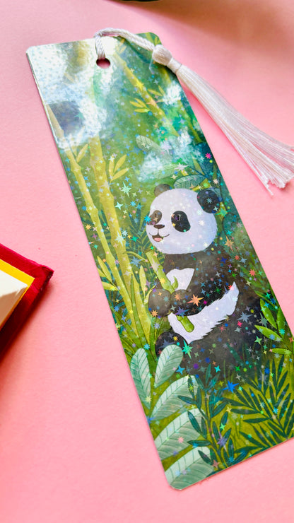 Detail of panda illustration on FSC-certified holographic bookmark – ideal wildlife stationery gift.