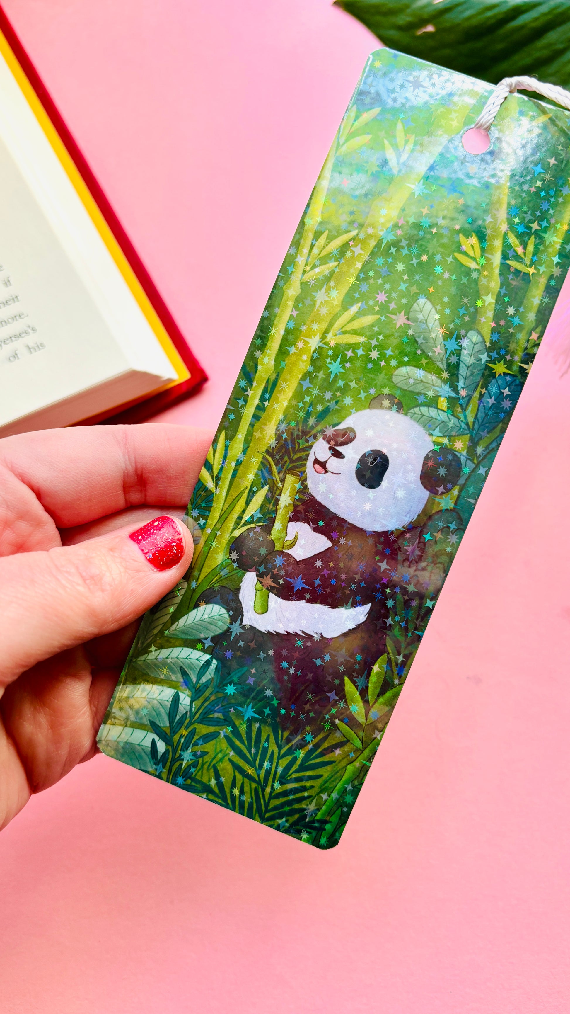 Handmade panda holographic bookmark with bamboo illustration and tassel – unique panda gift for book lovers.