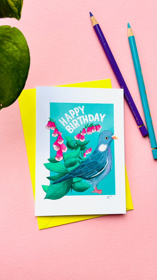 Pigeon birthday card handmade in the Uk 