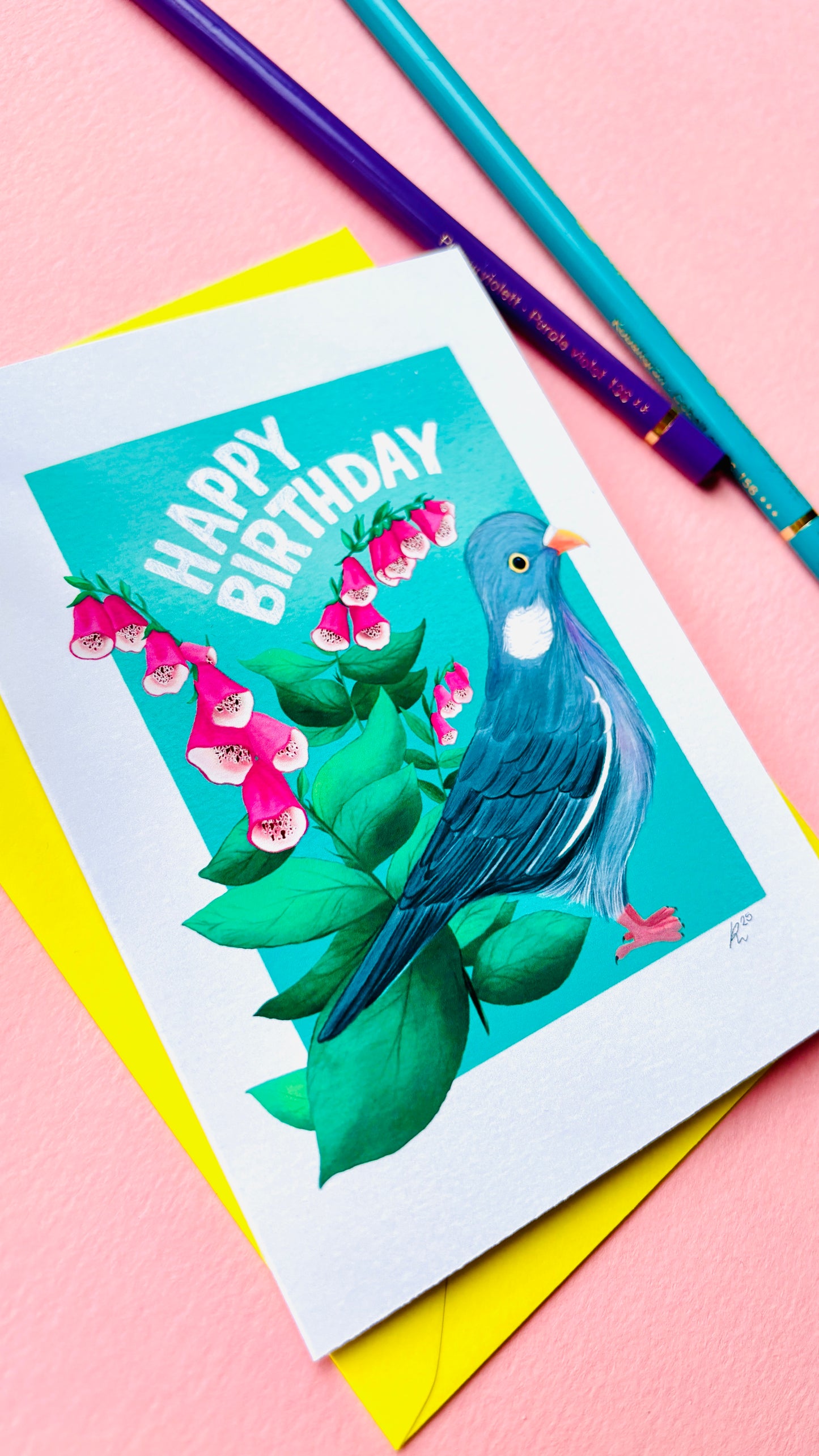 Handmade pigeon greetings card for birthday with floral theme