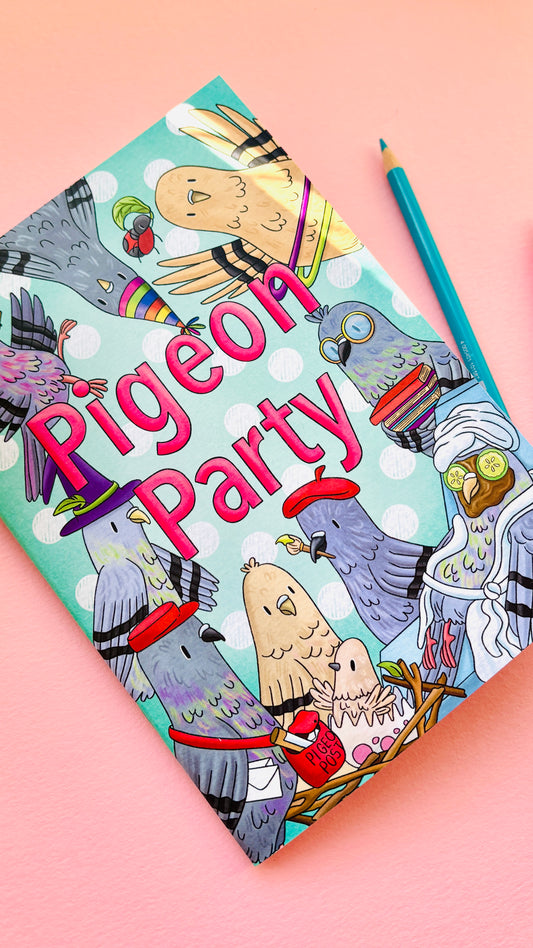 Pigeon Party A5 pigeon colouring book with colourful matte cover