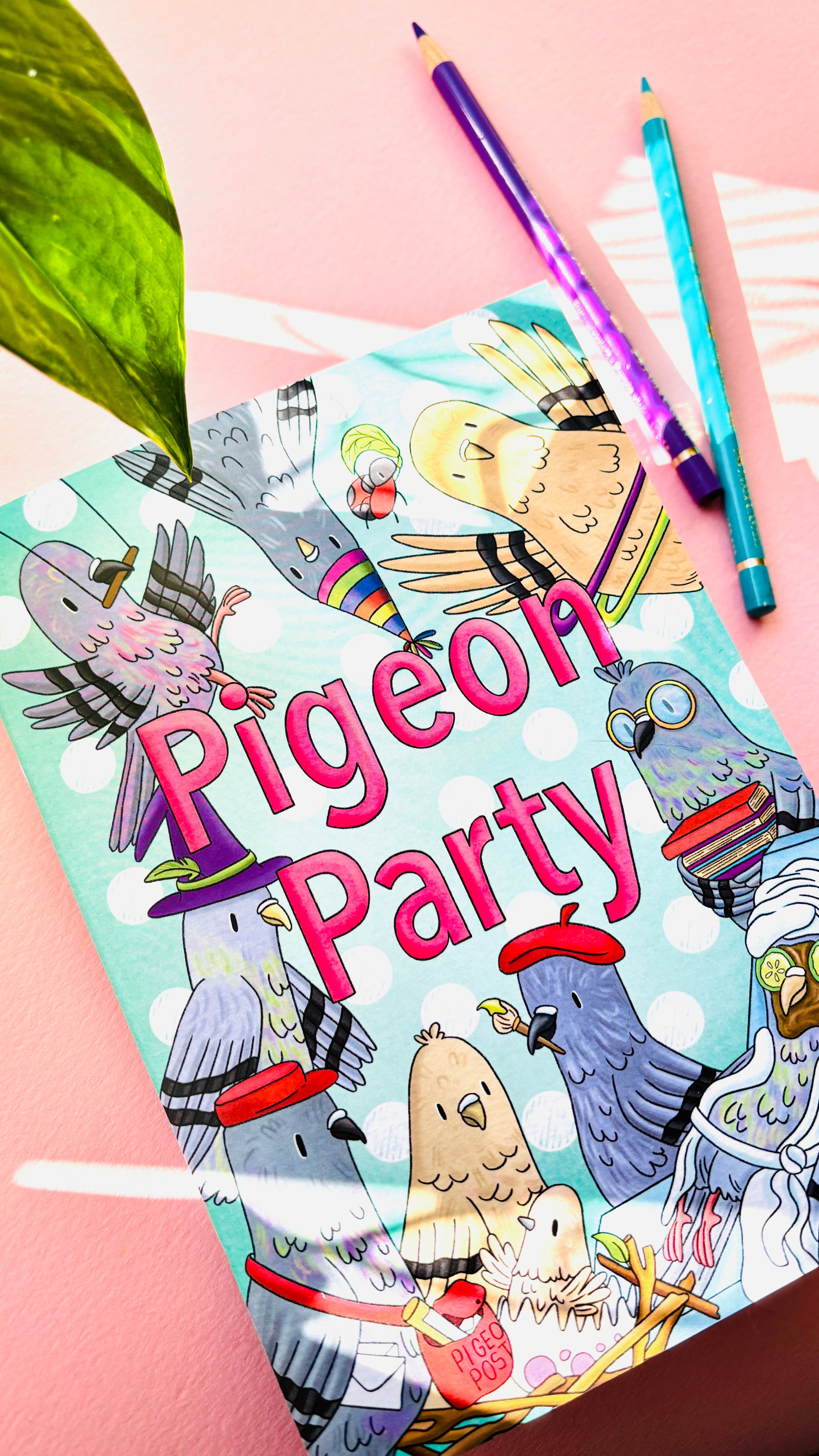 A colouring book for adults with funny hand drawn pigeon art 