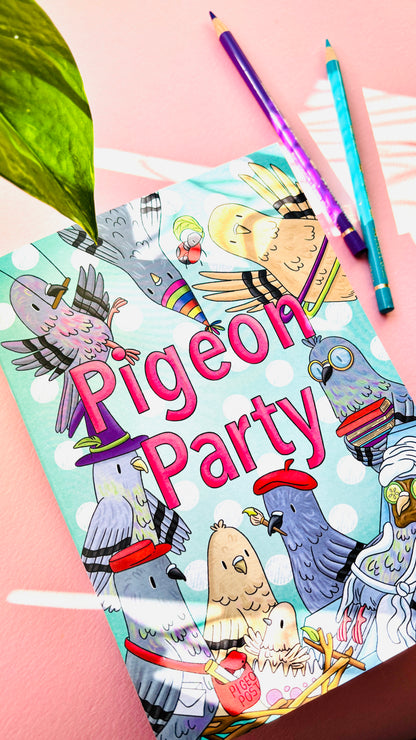 A colouring book for adults with funny hand drawn pigeon art 