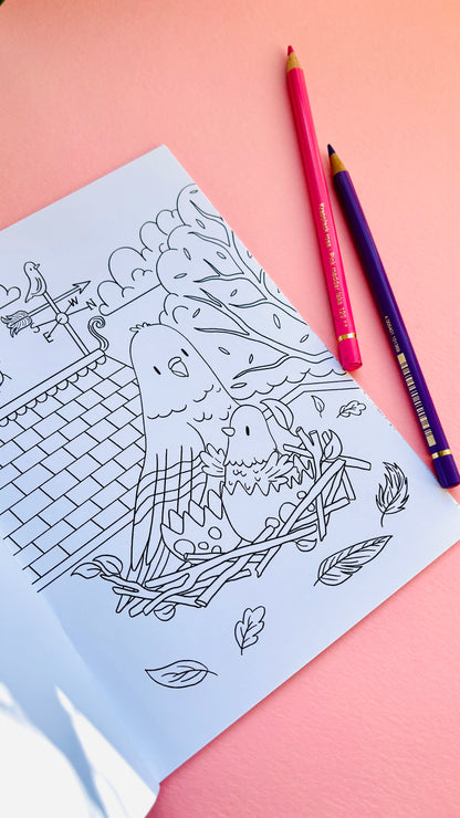 Page from a pigeon colouring book of a cute mum and baby pigeon 