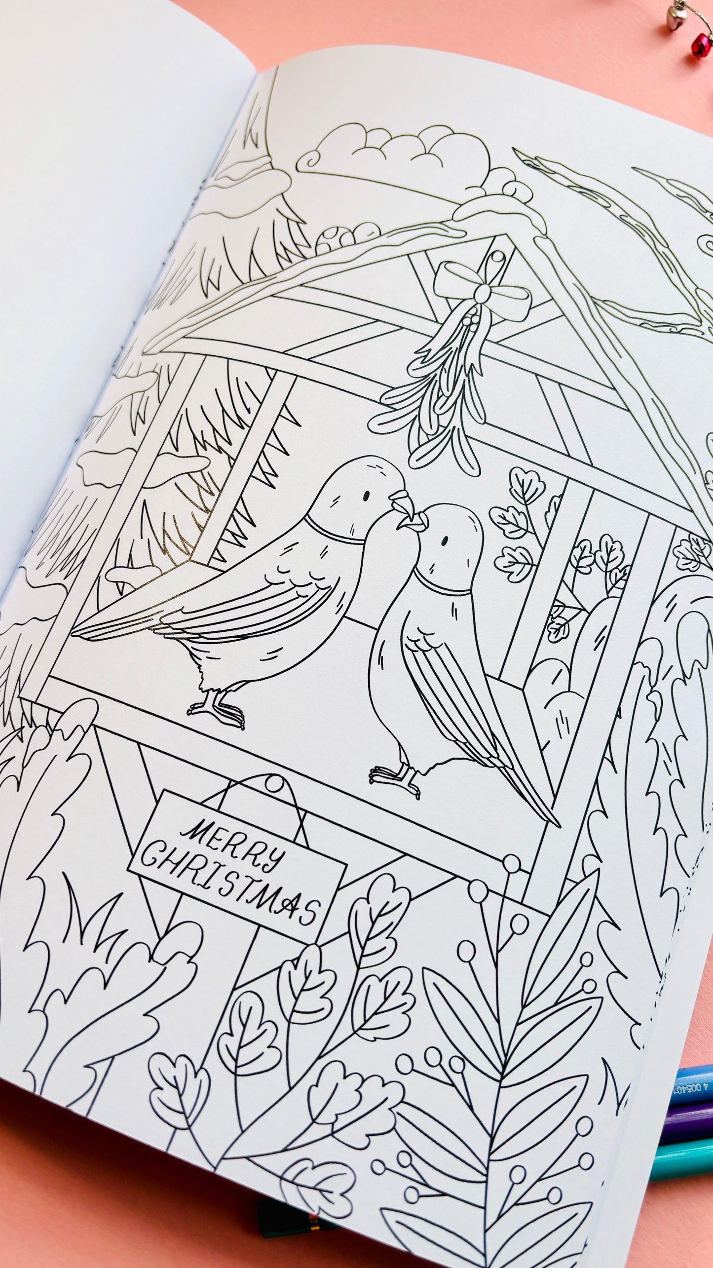 Page of pigeon colouring sheet in the Woodland Christmas colouring book gift festive forest animal colouring pages for kids, families, and nature lovers