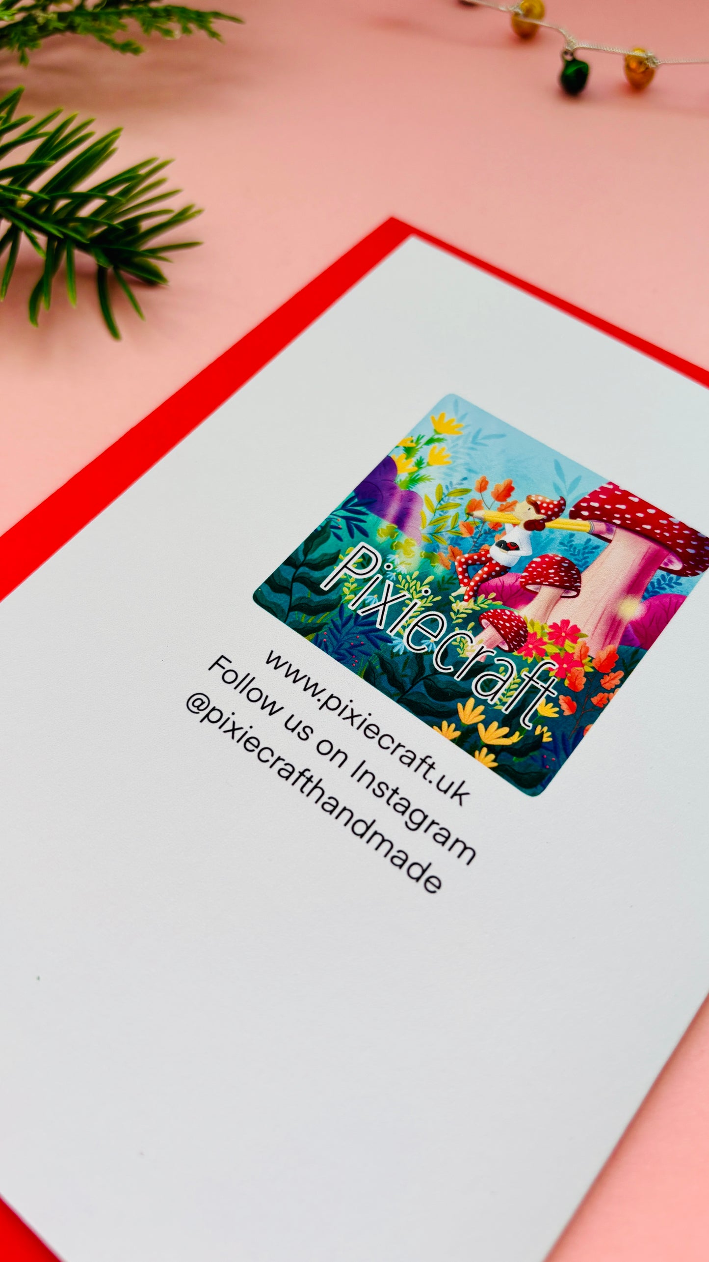 Reverse of handmade greetings card with Pixiecraft logo